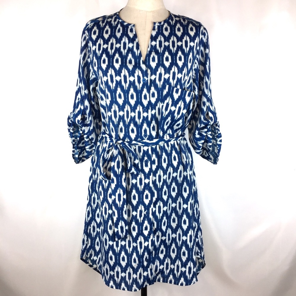 Anthro Blue White Ikat Frequencies Shirt Dress Sm